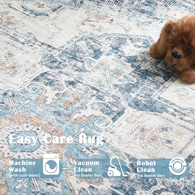 jinchan Kelda Round Rug 4ft Washable Area Rug Indoor Vintage Floor Cover Distressed Circle Mat 4' Round Lightweight Non Slip Low Pile Thin Carpet for Entryway Kitchen Living Room Bedroom Blue