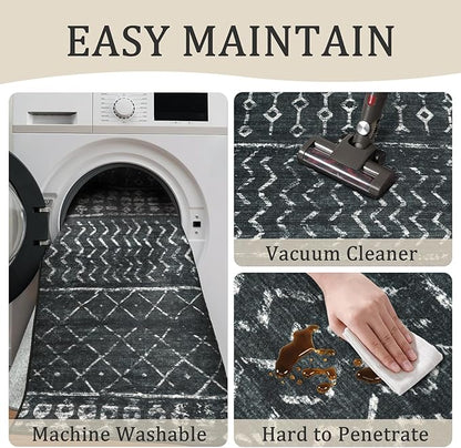 5x7 Machine Washable Area Rug for Living Room, Black Vintage Moroccan Rug Large Non-Slip Low Pile Soft Faux Wool Carpet, Kids and Pets Friendly for Bedroom Dining Room Farmhouse Home Decor Rug