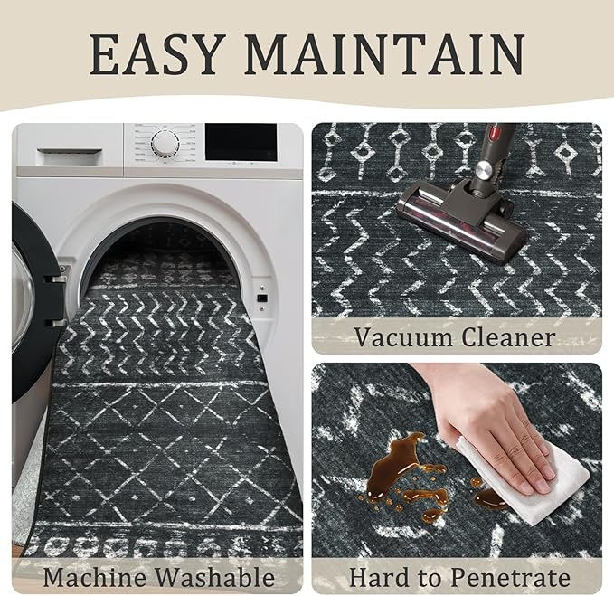 2x8 Machine Washable Runner Rug, Kitchen Hallway Area Rug, Black Vintage Moroccan Rug Ultra Non-Slip Low Pile Soft Faux Wool Carpet, Kids and Pets Friendly for Bedroom Entryway Bedside Decor Rug