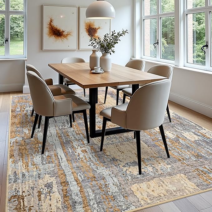 Toneed Abstract Area Rug Modern Washable Rug Soft Non Slip Rug Low Pile for Bedroom Living Room Dining Room Camel 4x6 Feet