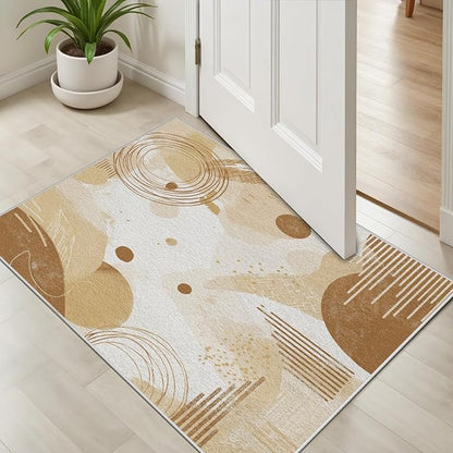Minimalist Abstract Area Rug 2x3 Beige Boho, Modern Washable Geometric Art Carpet, Soft Non-Slip Low-Pile Carpet for Living Room, Bedroom, Kitchen, Dining Room, Pet Friendly, Non-Shedding, Brown