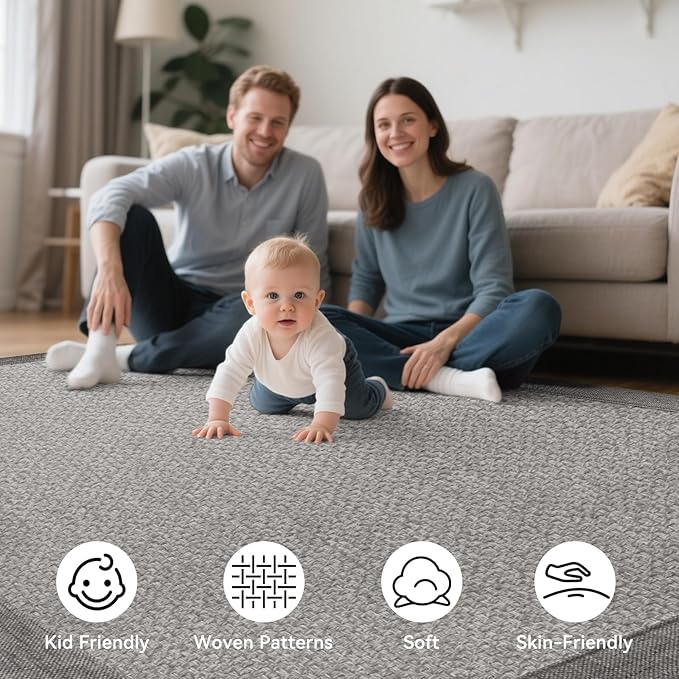 Washable Runner Rug 3x5 Jute Like Entryway Indoor Runner Mat Rugs Non Slip, Woven Soft Farmhouse Area Boho Floor Carpet for Hallway Kitchen Laundry Hall Backdoor Bedroom Living Room, Grey