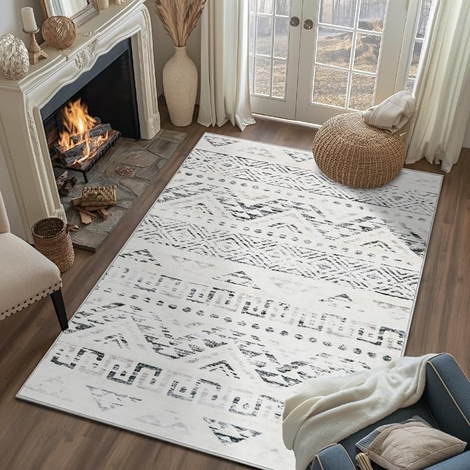 jinchan Boho 3x5 Area Rugs for Entryway - Machine Washable Moroccan Soft Throw Rug Bohemian Diamond Design Non-Slip Carpet for Entrance Living Room Kitchen Bedroom (3‘x5', Charcoal)