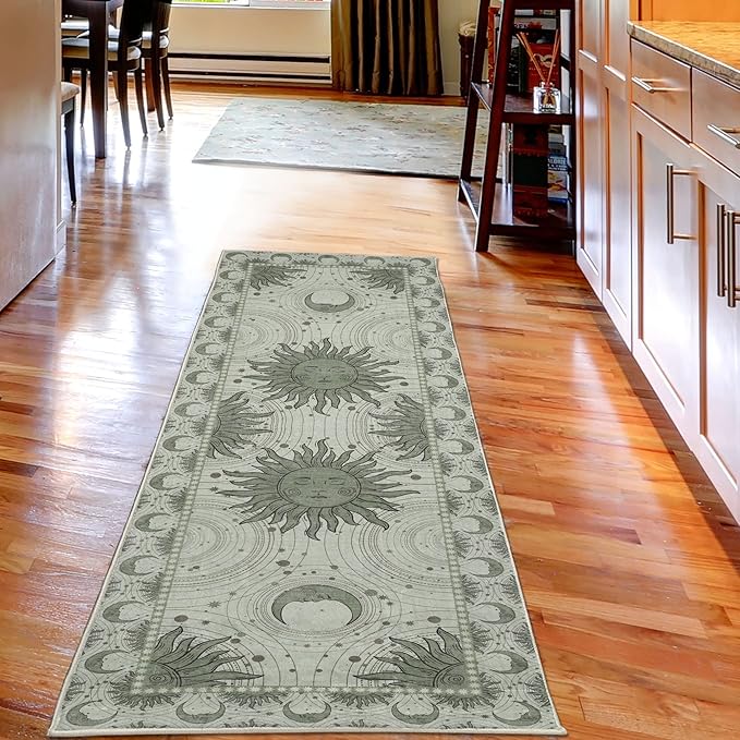 Ambesonne Sun and Moon Decorative Rug, Bohemian Artwork Design of Crescent Solar Ornament Esoteric Stars Ornaments, Quality Carpet for Bedroom Dorm and Living Room, 2' 5" x 7' 5", Pale Reseda