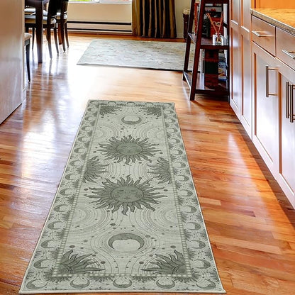 Ambesonne Sun and Moon Decorative Rug, Bohemian Artwork Design of Crescent Solar Ornament Esoteric Stars Ornaments, Quality Carpet for Bedroom Dorm and Living Room, 2' 5" x 7' 5", Pale Reseda