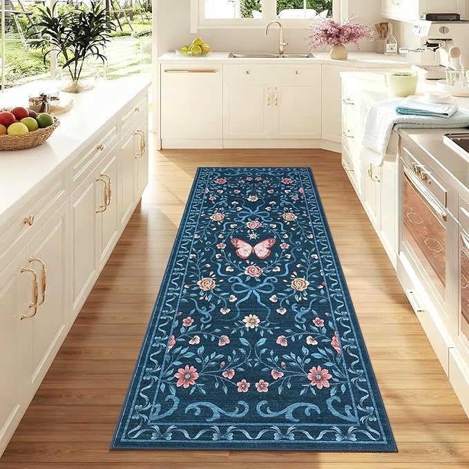 GarveeHome Washable Runner Rug 2x6 Non Slip Hallway Runners Stain Resistant Low Pile Floral Runner Rugs for Kitchen Soft Long Entryway Runner Rugs Blue Boho Throw Carpet for Bedroom Nursery, 2x6