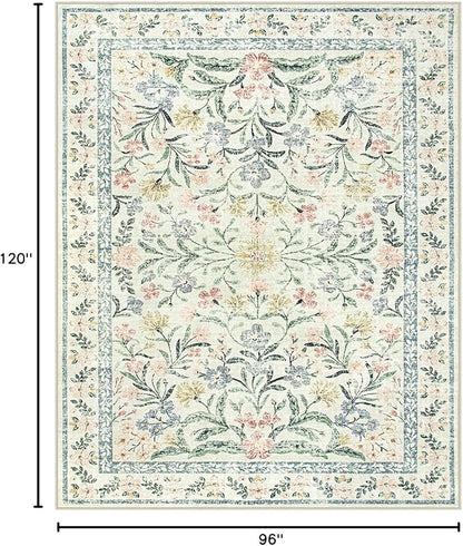 Lahome Boho Rugs for Living Room, Washable Large 8 x 10 Area Rugs for Bedroom Non Slip, Soft Ultra-Thin Distressed Floral Throw Carpet for Office Dining Room, Cream/Multi