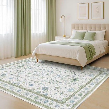 Blue and Green 4x6 Rugs for Small Living Room - Oushak Boho Pastel, Low Pile Non Slip Stain Resistant Throw Rug for Under Bed, Large Entryway, Kitchen, Floor Carpet Aesthetic Boys