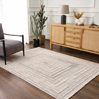 Hauteloom Lunao Living Room, Bedroom Area Rug - Farmhouse - Charcoal,Cream,Peach - 8'10" x 12'