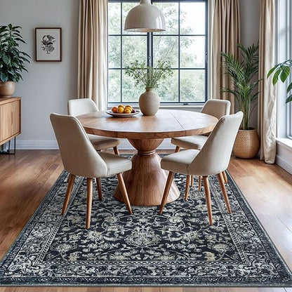 KILOCOCO Area Rug 6x9 Living Room Rug Washable Printed Vintage Floral Non Slip Soft Rubber Backed Indoor Bedroom Rugs for Laundry Room Kitchen Playroom Moroccan Area Rugs, Navy/Charcoal