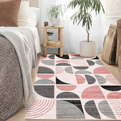 MUJOO Pink Rug Boho Washable,3x5 Area Rugs for Bedroom Entryway Living Room Bedside,Small Throw Floor Carpet Non Slip Soft Indoor Modern Abstract Pink and Grey