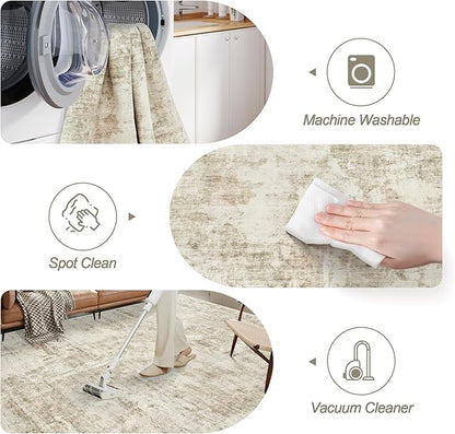 6x9 Abstract Area Rugs for Living Room 6 x 9 Washable Non Slip Low Pile Gray Rugs for Bedroom Dining Room Foldable Thin Beige Gray