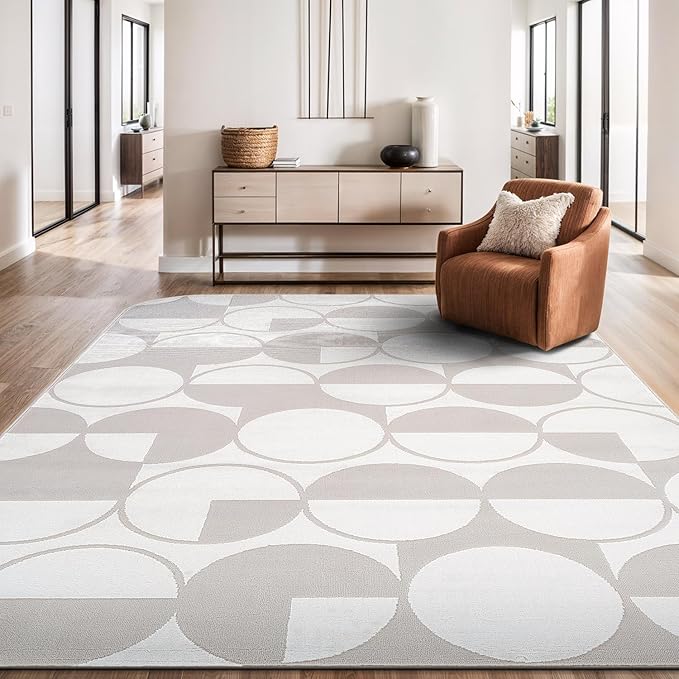 Beverly Rug Modern Geometric Area Rug 6x9 Low-High Pile Durable Soft Abstract Circular Indoor Rugs for Living Dining Room Office Stain Resistant Non Shedding Casual Indoor Carpet Beige White 6 x 9