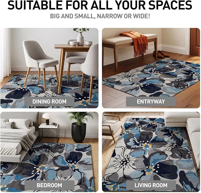 Rugshop Gray Large Floral Non-Slip Area Rug Fade Resistant for Bedroom, Entryway and Home Office, 4' x 6'
