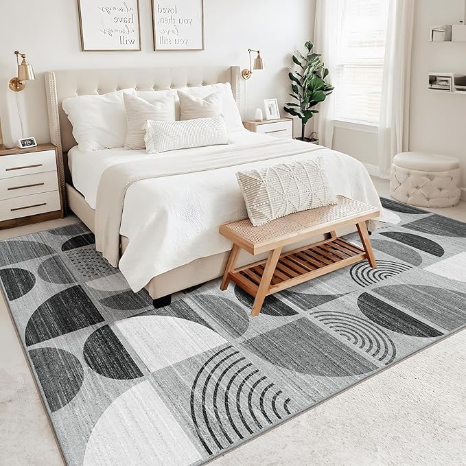 MUJOO Washable Rugs 9x12,Large Area Rugs for Living Room Bedroom Dining Room,Boho Throw Floor Carpet Non Slip Soft Modern Abstract Black and Grey