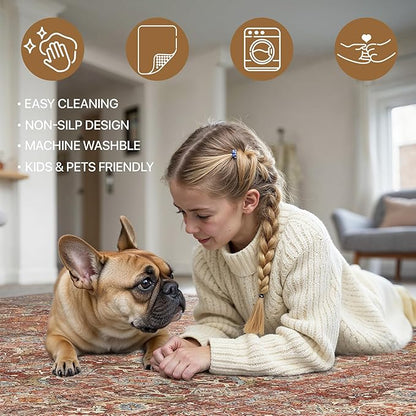 2x7 Runners Machine Washable Boho Rug Runners for Hallway,Ultra-Thin Low Pile Rug,Lightweight Carpet,Non Slip Floral Runners for Enrtyway, Corridor, Home Office, Kitchen,Terracotta/Indigo