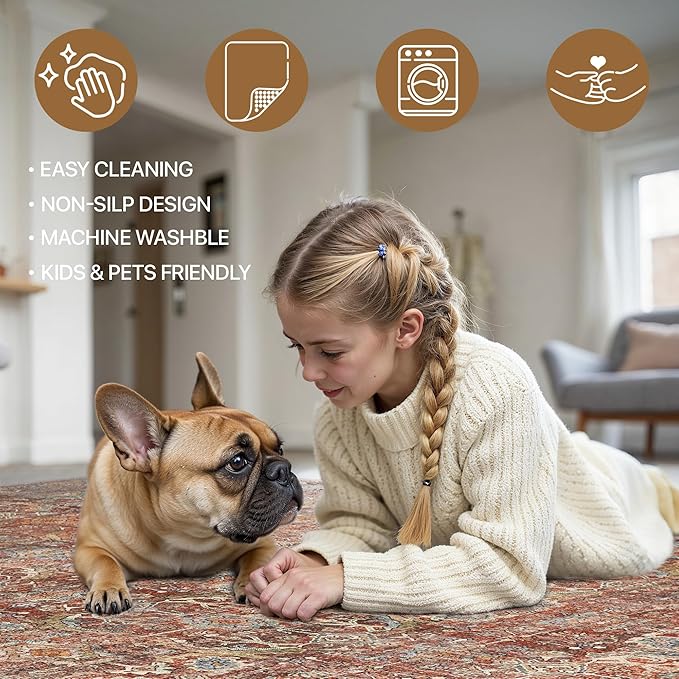 6x9 Area Rug Machine Washable Boho Rug for Living Room,Ultra-Thin Low Pile Carpet,Lightweight Printed Rug,Non Slip Floral Area Rug for Bedroom, Dining Room, Home Office,Terracotta/Indigo