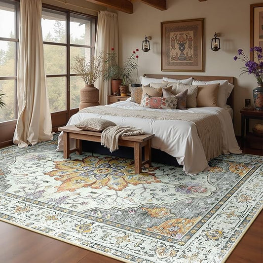 Area Rugs 10'x14' Washable Non-Slip, Floral Vintage Distress Print Pattern Medallion Carpet for Living Room Bedroom Dining Room, Light Yellow Carbon Grey Orange