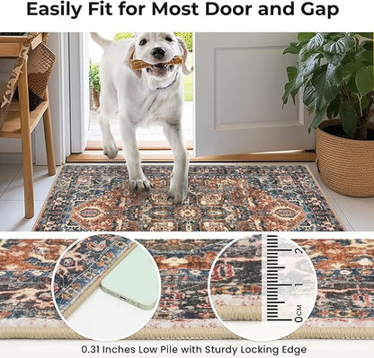 KOZYFLY Small Area Rug 2x3 Ft Rugs for Entryway Washable Boho Entry Rug Non Slip Door Mat Indoor Entrance Faux Wool Vintage Printed Kitchen Rug Throw Rugs for Entrance Kitchen, Red/Navy Blue/Brown