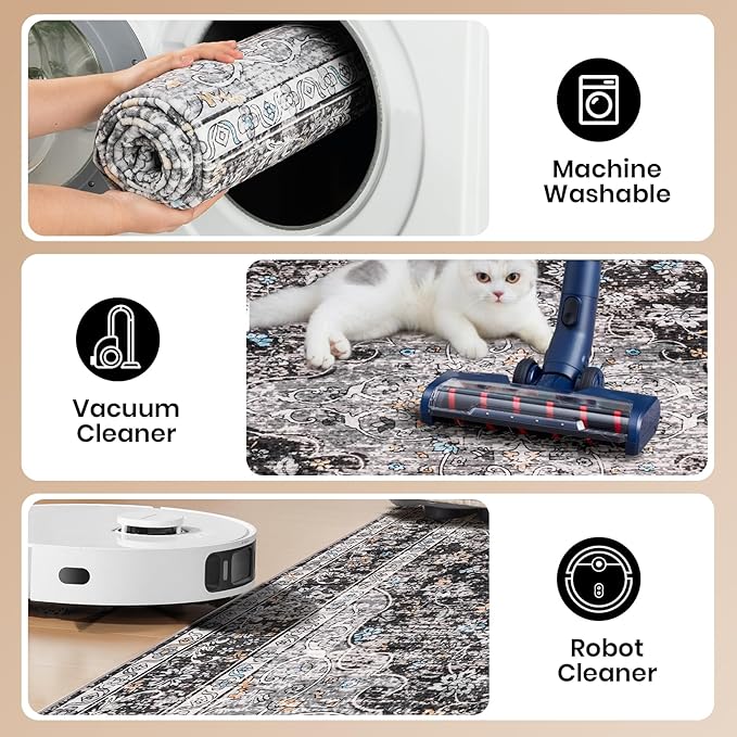 Rugs for Living Room, 8x10 Large Area Rugs Ultra Soft Washable, Vintage Boho Faux Wool Carpet for Dining Room, Bedroom, Office, Home Decor (Dark Grey)