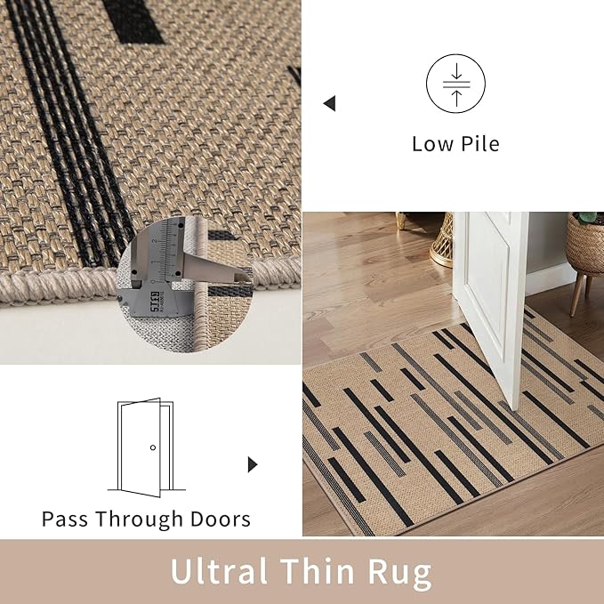 Tangsoo Stripe Easy Jute Rug,Ultra Thin 2x3 Outdoor Rug for Entryway,Non-Slip Washable Small Rug Modern Front Door Mat Non Shedding Throw Carpet for Kitchen Bedroom Porch Doorway