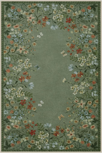 Wonnitar Washable Area Rug 6x9, Green Floral Living Room Rugs, Non-Slip Soft Dining Room Table Rug, Botanical Bedroom Rug Floor Carpet for Mud Room Basement (Green,6'x9')