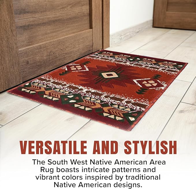 YHSF South West Native American Area Rug C318 - Easy Clean, Thick, Soft, Durable Native Tribal American Indian Inspired Rug for Bedroom/Living Room and More - Rust, 2 Feet x 7 Feet