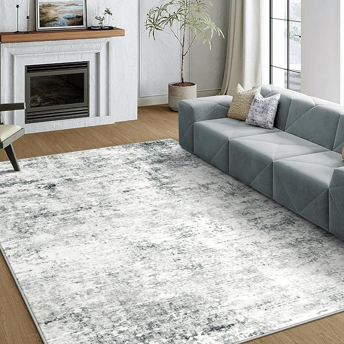 5x7 Machine Washable Area Rug for Living Room, Grey Modern Vintage Abstract Rug Large Non-Slip Low Pile Soft Faux Wool Carpet, Kids and Pets Friendly for Bedroom Dining Room Farmhouse Home Decor Rug