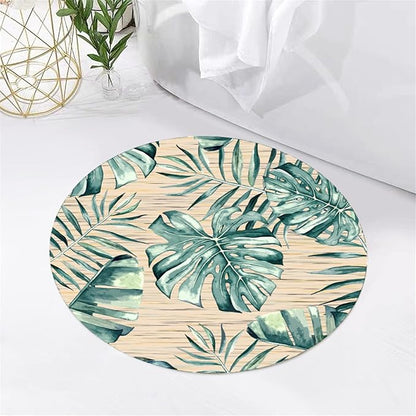 Tropical Leaf Round Area Rug 3.3ft - Green Beige Watercolor Design Indoor Carpet, Soft Non-Slip Floor Mat for Living Room Bedroom Office, Easy Clean Modern Decor