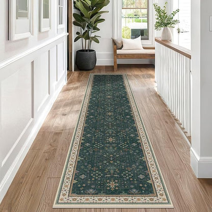 Vintage Dark Green 2x10 Kitchen Rug - Modern Boho Eclectic Floral Pastel, Washable Low Pile Non-Slip Extra Long Runner Rugs for Hallway, Bedroom