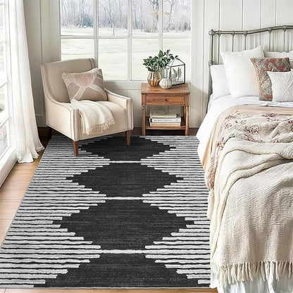 HelloTree Area Rug 3x5 Geometric Rug,Washable Modern Neutral Stain Resistant Indoor Carpet Boho Living Room Moroccan Rugs Fluffy Rug for Living Room Bedside Room Decor for Family-Black