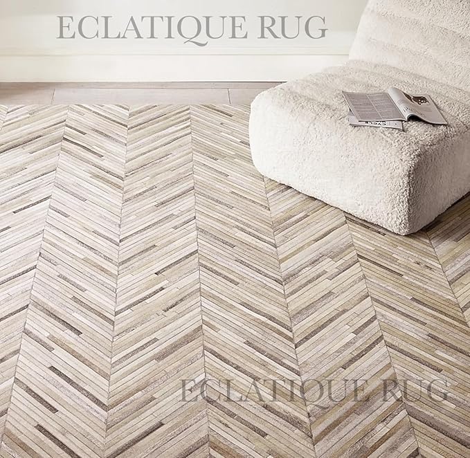 Premium Rectangular Rug Cowhide Leather Stylish Non Slip Chevron Patchwork Area Rug for Bedroom and Home Décor Accent Floor Carpet (Beige-10 x 14 ft)