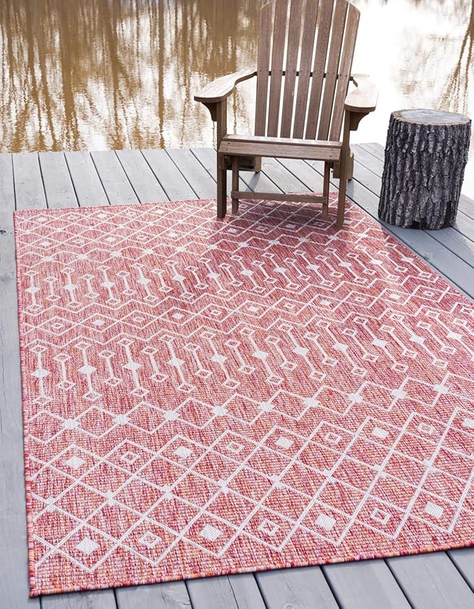 Unique Loom Outdoor Trellis Collection Area Rug - Tribal Trellis (9' x 12' Rectangle, Rust Red/ Ivory)