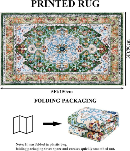U'Artlines Boho Vintage Area Rug 3x5 Machine Washable Low Pile Soft Floor Carpet Non Slip Non Shedding Accent Rug for Living Room Bedroom Entryway Dining Room Office Green