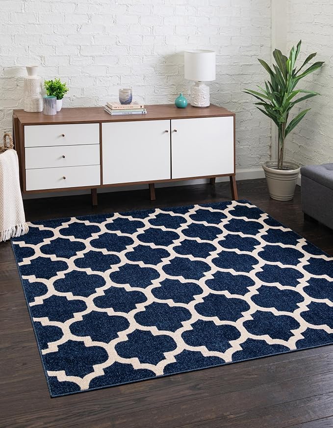 Rugs.com Lattice Collection Rug – 8 Ft Square Dark Blue Medium-Pile Rug Perfect for Living Rooms, Kitchens, Entryways