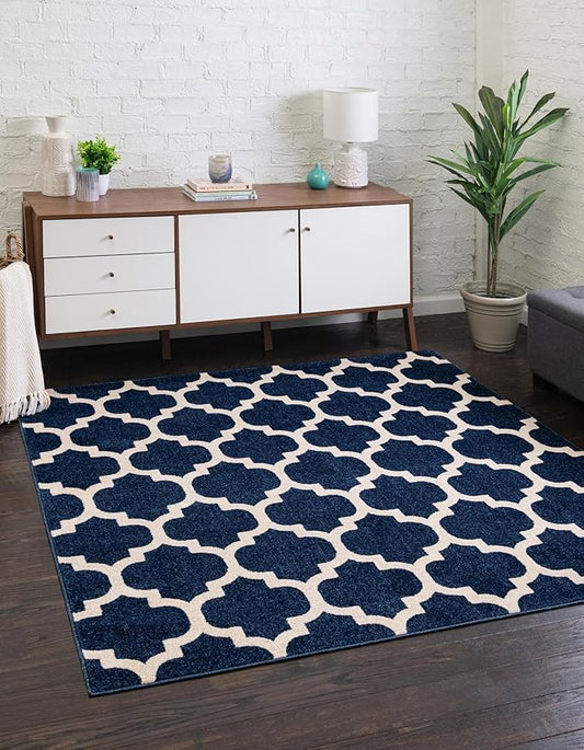 Rugs.com Lattice Collection Rug – 8 Ft Square Dark Blue Medium-Pile Rug Perfect for Living Rooms, Kitchens, Entryways