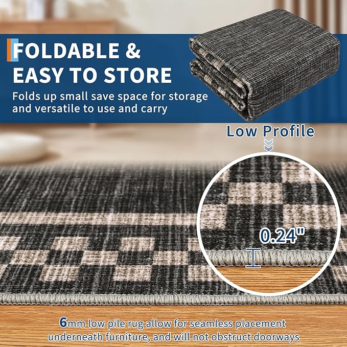 Small Bedroom Area Rug 3x5 Checkered Area Rug for Living Room Nursery Non Slip Kitchen Throw Carpet Low Pile Modern Bordered Rugs Washable Bathroom Mat Soft Brown Rugs for Laundry Entryway, Black