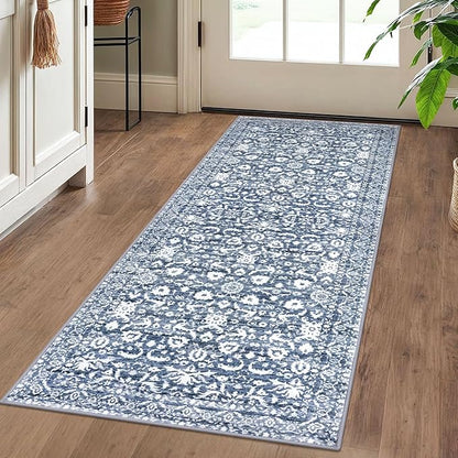 Vintage Floral 2x5 Runner Rug, Light Blue White Washable Kitchen Runner Rug Non-Slip Hallway Rug Runner Super Soft Thin Printed Faux Wool Carpet for Entryway Bedroom Bedside Laundry Room Indoor