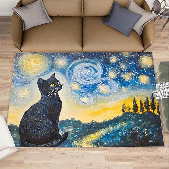 Black Cat Rugs for Bedroom - 3x5 Area Rug - Starry Sky Countryside Rugs for Living Room, Vintage Oil Painting Art Rug, Washable Home Decor Carpet