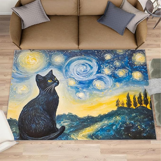 Black Cat Rugs for Bedroom - 2x3 Area Rug - Starry Sky Countryside Rugs for Living Room, Vintage Oil Painting Art Rug, Washable Home Decor Carpet