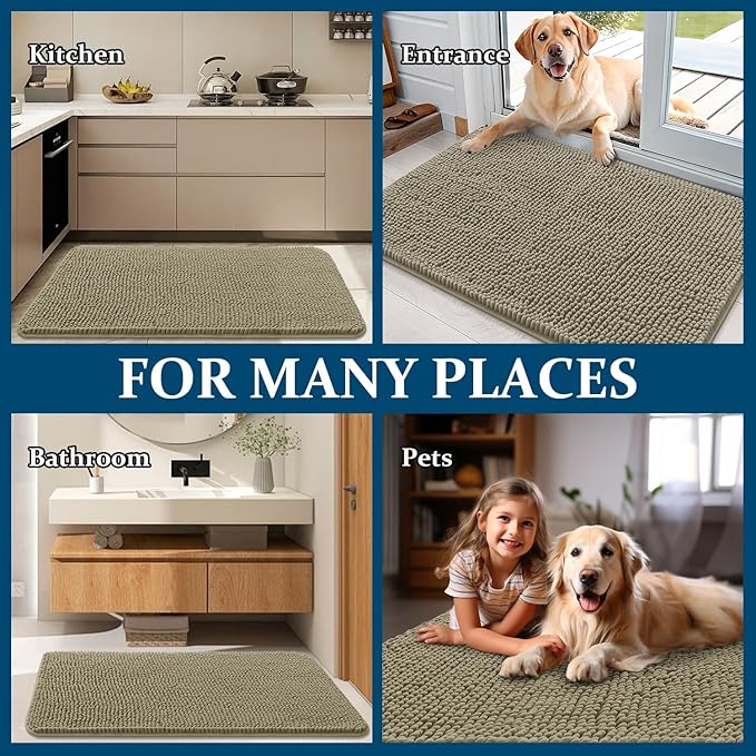 OLANLY Dog Door Mat for Muddy Paws 24x16, Absorbs Moisture and Dirt, Absorbent Non-Slip Washable Doormat, Quick Dry Chenille Mud Mat, Entry Indoor Entryway Carpet for Inside Floor, Warm Taupe