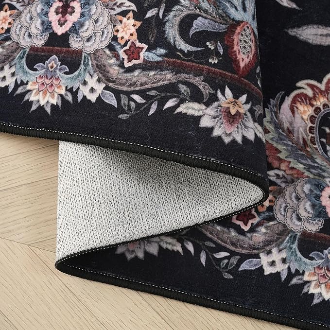Rugcomf 2'x3' Entryway Rug - Paisley Pattern, Door Mat Indoor Entrance, Floral Vintage, Machine Washable, Non-Slip Low Pile Area Rug for Kitchen, Front Door, Kids Room - Black
