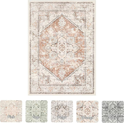 LIVEBOX 5x7 Area Rugs for Living Room, Washable Nursery Orange Boho Rug Soft Non-Slip, Low-Pile Vintage Medallion, Retro Faux Wool for Dining Room, Bedroom, Office