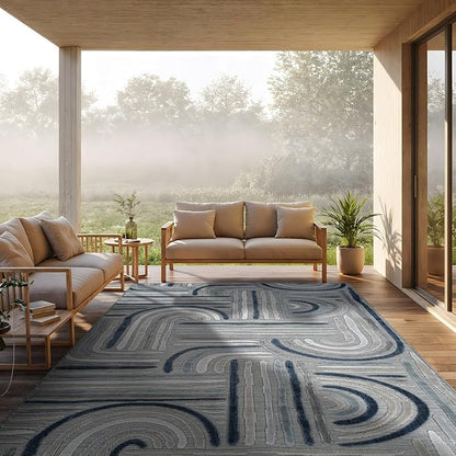 CAMILSON Indoor Outdoor Rug, Blue 5x7 Geometric Arch Striped Area Rugs for Patio and Home Areas, Easy-Cleaning Non-Shedding Living Room, Garden and Deck Washable Outside Carpet (5 x 7)