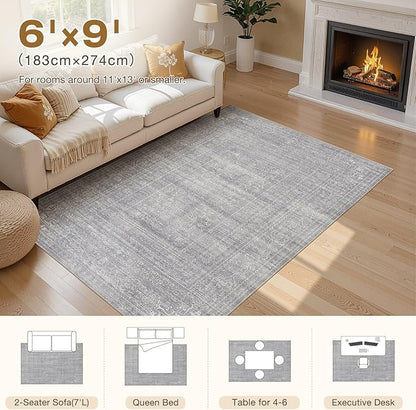 6x9 Area Rugs Living Room: Washable Large Vintage Grey Rug Neutral Non-Slip Soft Stain Resistant Indoor Carpet for Bedroom Nursery Dining Room Under Table Bed Home House Office Playroom