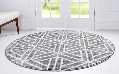 Rugs.com Lattice Trellis Collection Rug – 5 Ft Round Gray Low-Pile Rug Perfect for Kitchens, Dining Rooms