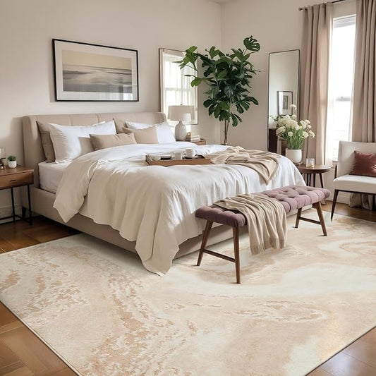 Ciicool Abstract Area Rug Indoor, 5x7 Washable Entryway Rug, Modern Soft Throw Entry Rug with Non-Slip Backing for Bedroom Living Room Entrance, Low-Pile Floor Carpet Doormat Light Brown Beige
