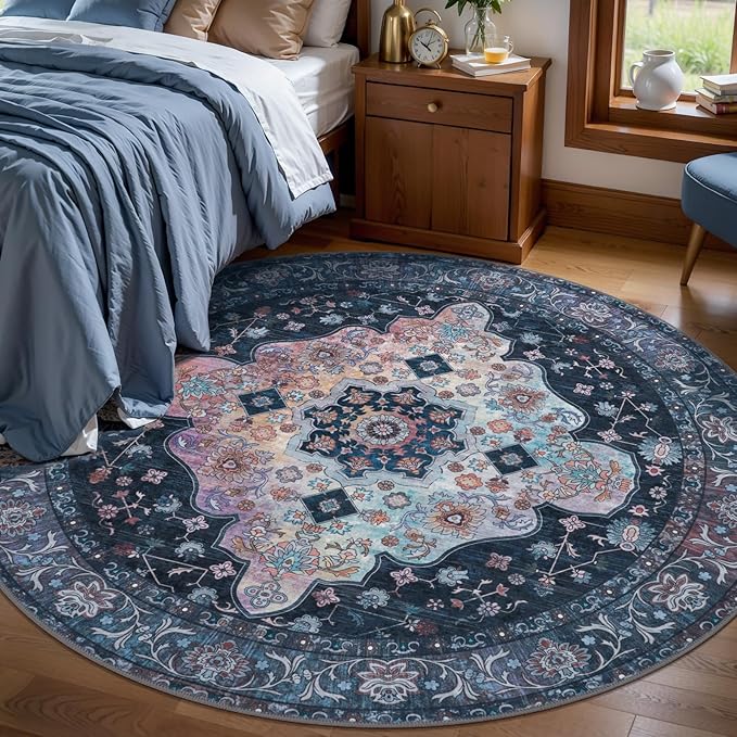 Tangsoo Vintage Round Rug 6ft,Washable Circle Rug, Non Slip Boho Round Area Rug,Low Pile Circular Rugs,Large Round Rugs Carpet for Livingroom,Bedroom,Nursery,Dorm,Office,Taupe