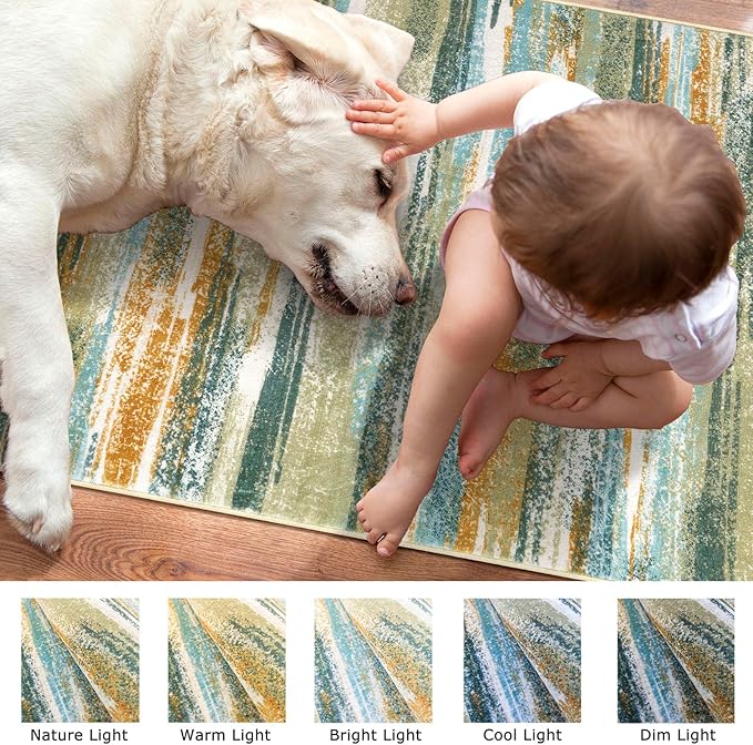 Modern Abstract Hallway Runner Rug, Green Mustard Multi Washable Kitchen Runner Non-Slip Soft 2x8 Runner Rug Thin Print Faux Wool Carpet for Entryway Bedroom Laundry Room Indoor Home Decor