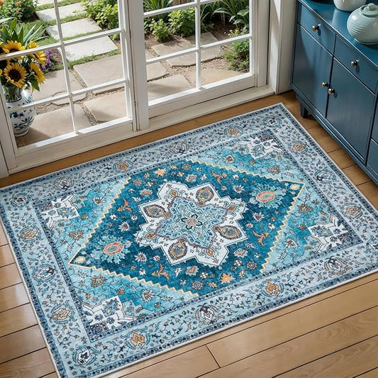 Tangsoo Blue 2x3 Washable Rug for Entryway, Vintage Non Slip Small Area Rug, Indoor Front Door Rug, Print Door Mat Small Carpet, Soft Low Pile Rugs for Entrance Kitchen Bedroom Home Decor